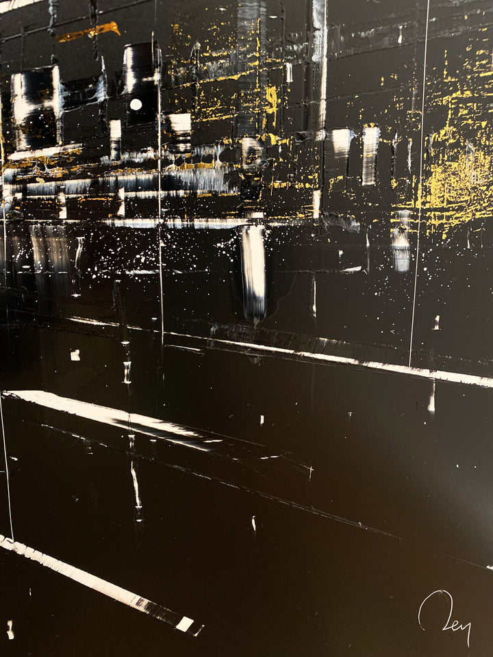 Detail of Julien Rey "Astoria", black, white and gold cityscape, lacquer &amp; gold leaf on 39.5x39.5" dibond