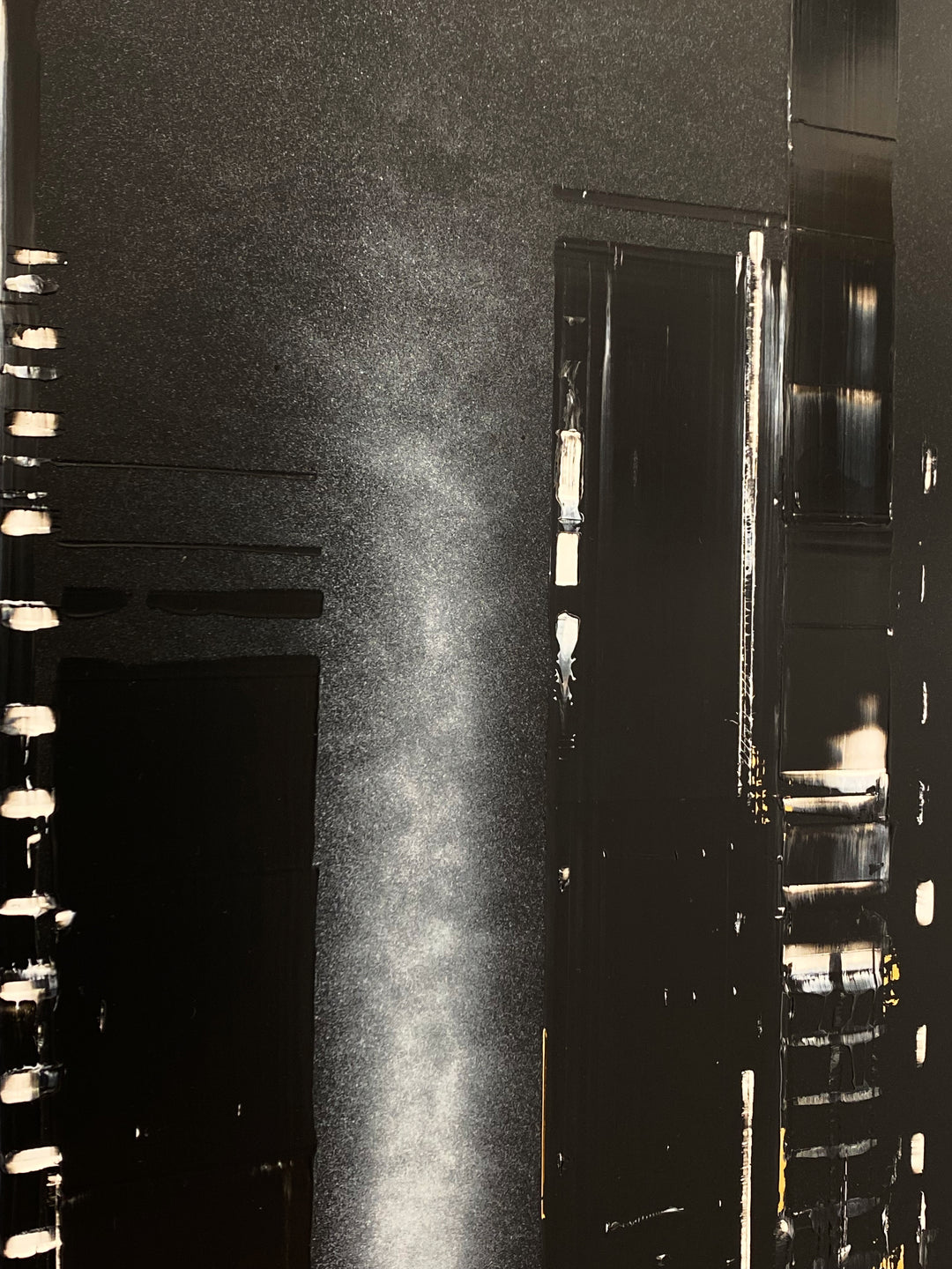 Detail of Julien Rey "Astoria", black, white and gold cityscape, lacquer &amp; gold leaf on 39.5x39.5" dibond