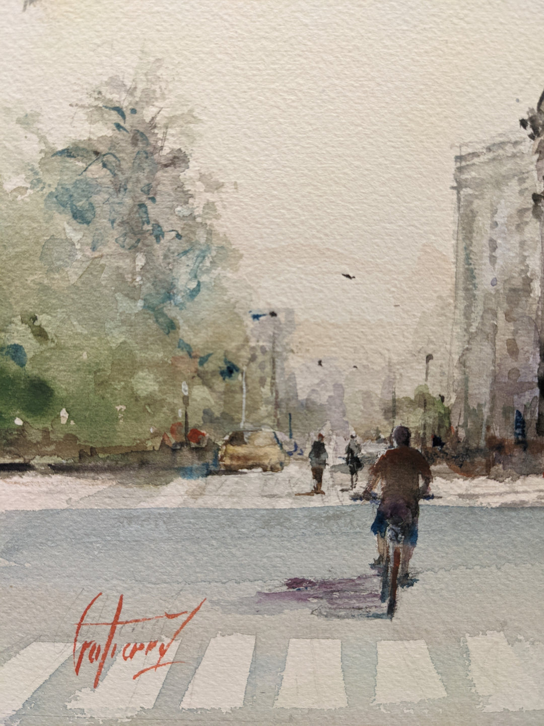 detail of Cathedral Basilica of Saints Peter and Paul, artwork by Pierre Gutierrez. Watercolor on paper. 14 by 14 inches.