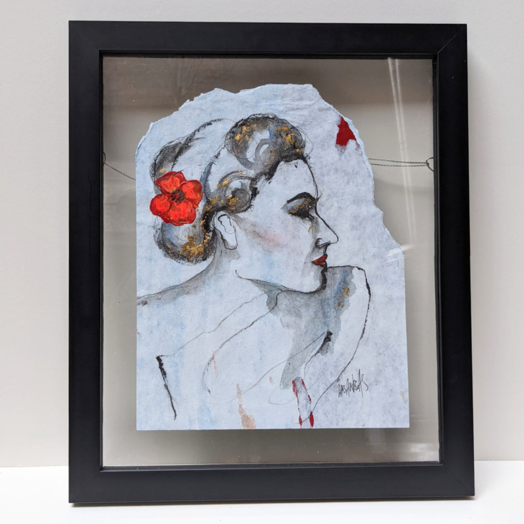 Coquelicot, artwork by Corinne Labarussias. Charcoal, watercolor, &amp; gold leaf on recycled paper. 19 by 16 inches.