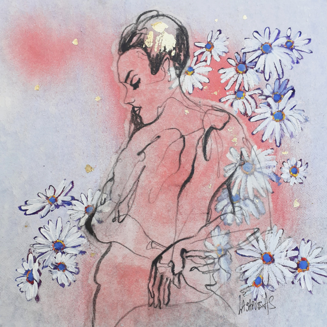 Corinne Labarussias "Daisy 48". Charcoal, pigments, spray paint &amp; gold leaf on 10x10" advertising paper. Portrait of nude female with flowers and blue background. 