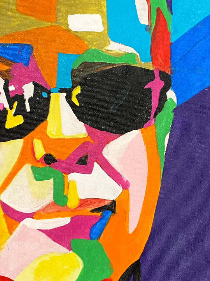 Detail of Suave Gonzalez "Elton", multicolor geometric abstract portrait. Acrylic on 14x14" canvas.