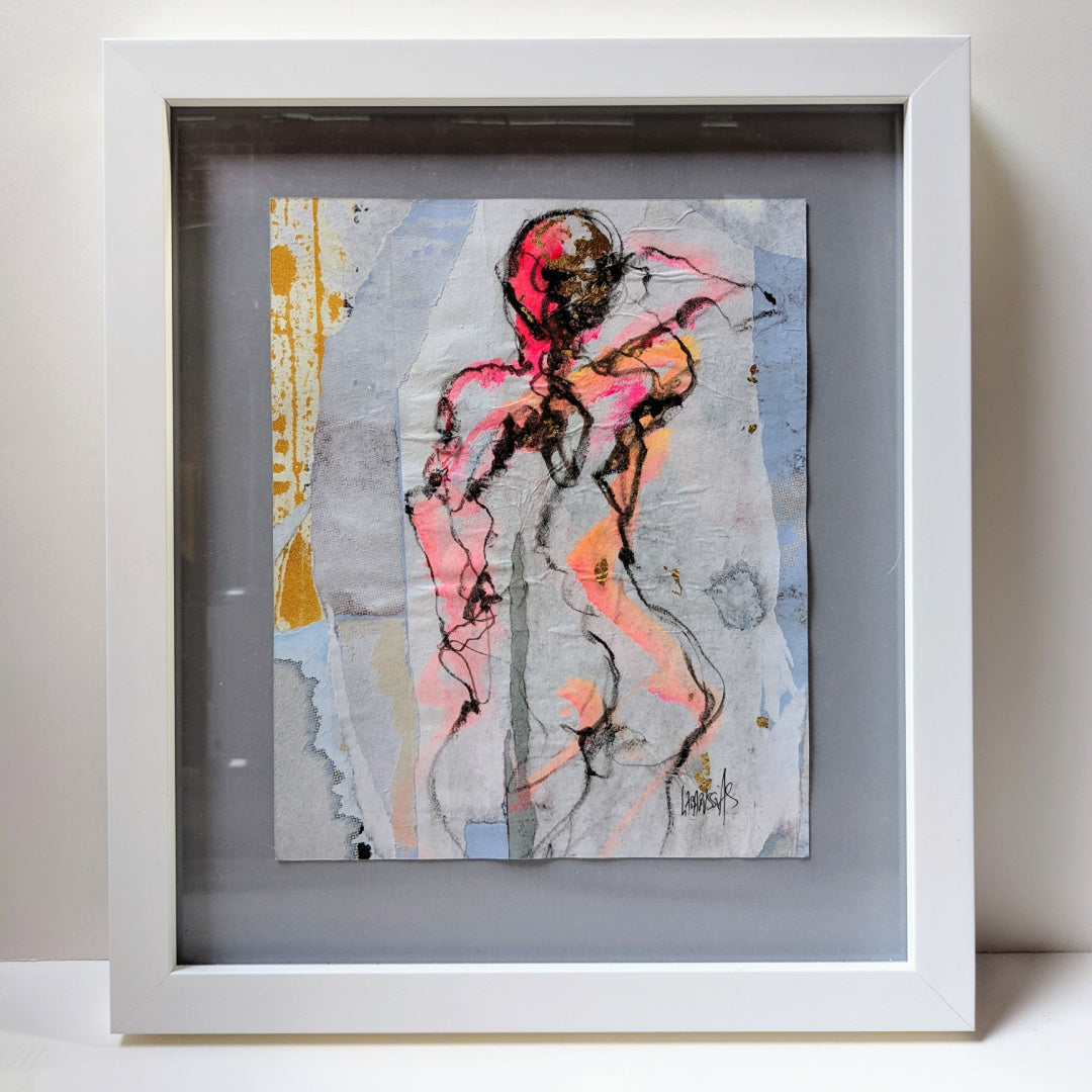 Esquisse IV, artwork by Corinne Labarussias. Charcoal, watercolor, &amp; gold leaf on recycled paper. 18.25 by 16 inches.