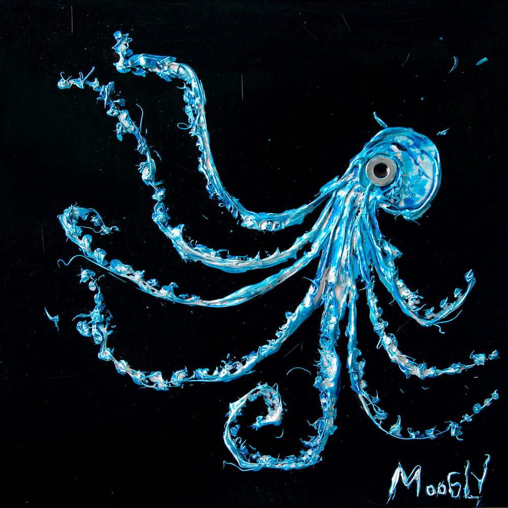 Moogly "Tentacled", 14" x 14" black and blue abstract animal painting. Acrylic and collage on board.