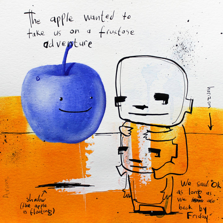 Jan-Hein Arens "Fructose Adventure". Blue, orange and white figurative illustration with text, acrylics and ink on 14"x14" paper.