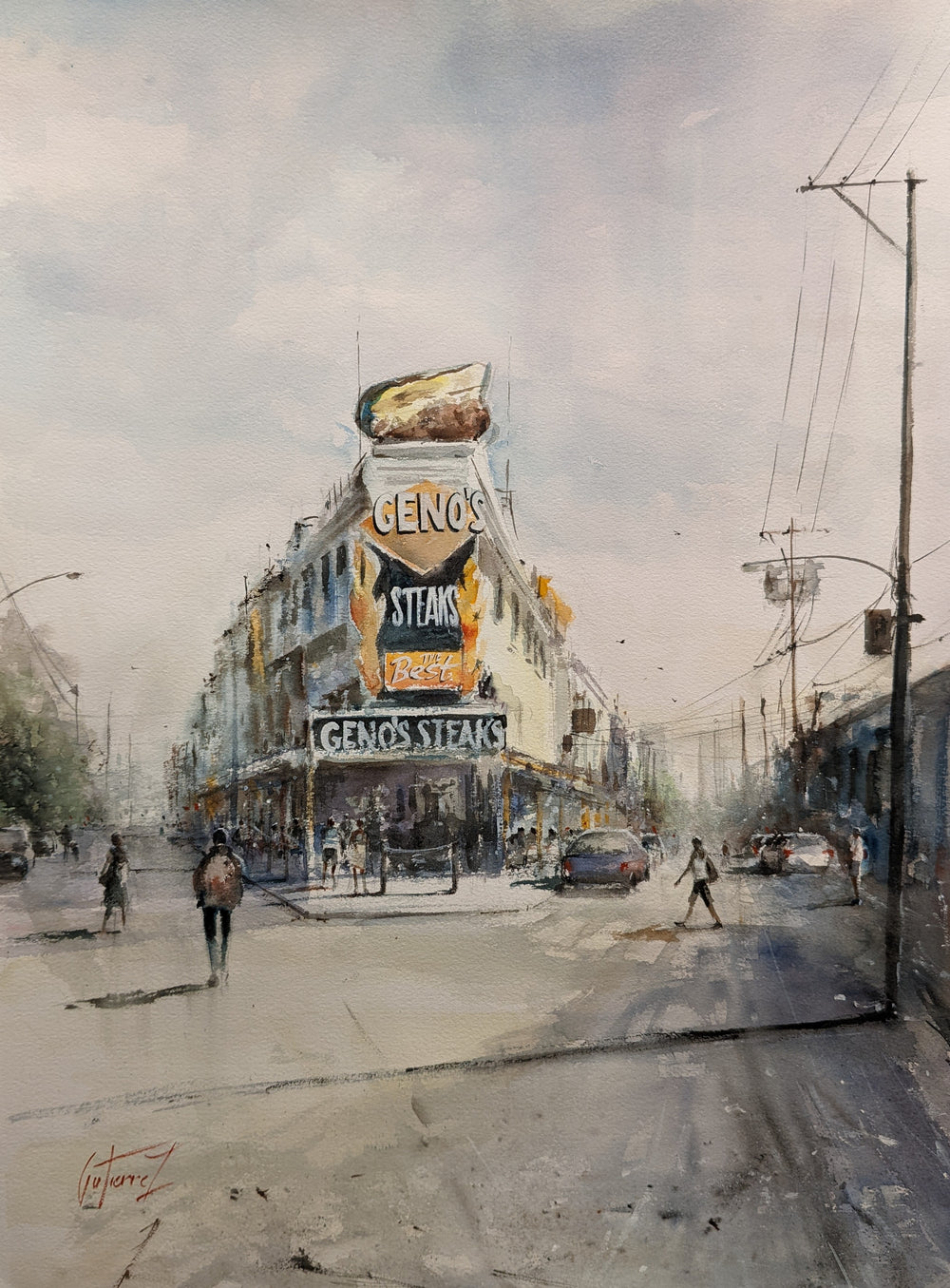 Geno's Steaks, artwork by Pierre Gutierrez. Watercolor on paper. 24 by 18 inches.