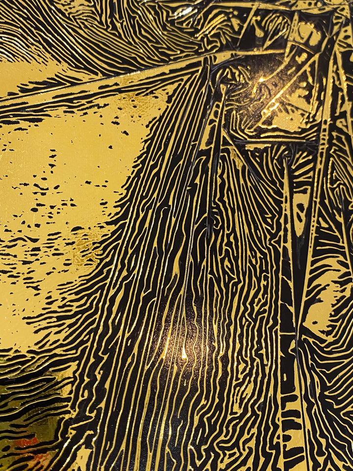 Detail of M. Clark "Golden Texture No. 355". Gold foil on illustration board mounted to 10.5"x8"x0.5" sintra panel. Abstract gold and black textural painting.
