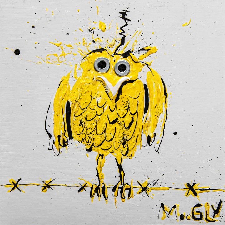 Moogly "Head-Egged", 10" x 10" white and yellow abstract animal painting. Acrylic and collage on board.