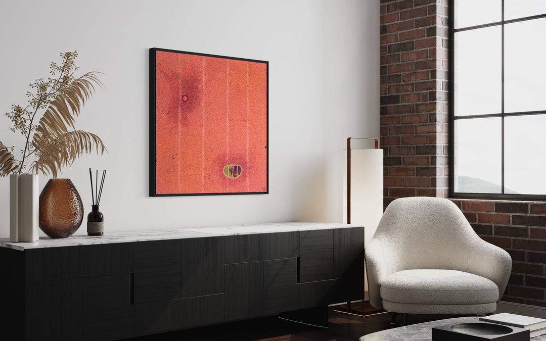 Relativistic Prodigy by Bob Landstrom, artwork of light red pigmented volcanic rock on canvas, featuring vertical stripes.