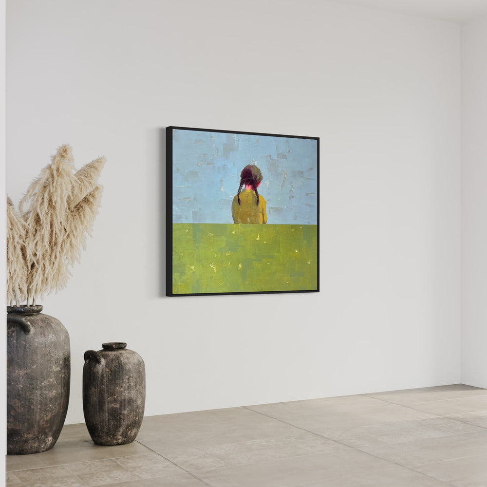 Undefined Time painting by Tomasa Martin, 40" x 40". Oil and acrylic on linen painting of a girl with braids facing away from the viewer, in blue green and yellow.