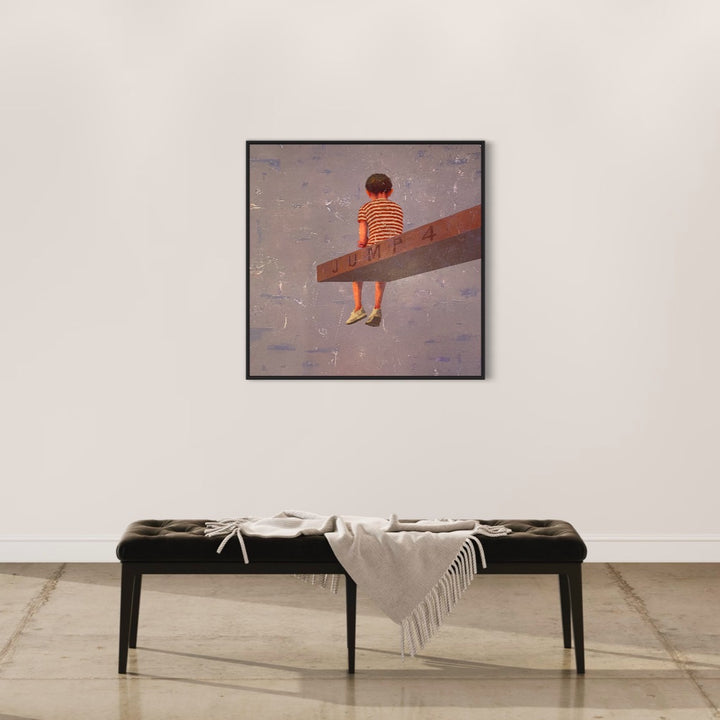 Observatory IV, 40 x 40" painting by Tomasa Martin. Oil and acrylic on linen painting of a boy in a red and white striped shirt sitting on the edge.