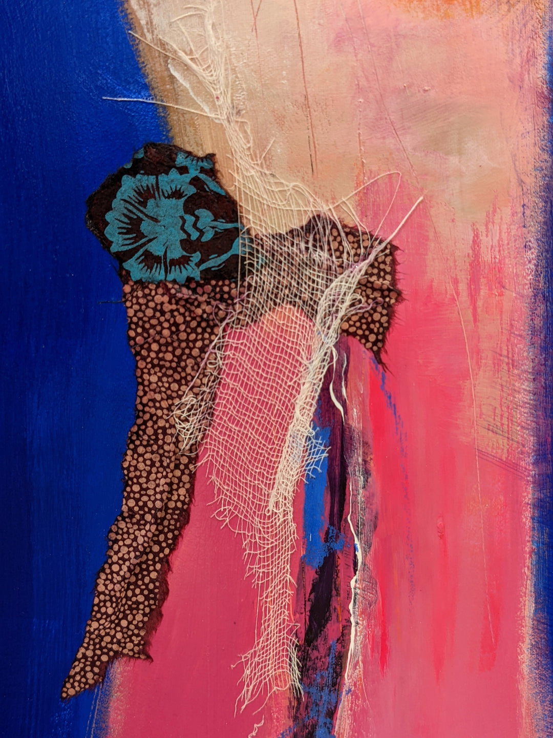 detail of Instant De Confession, artwork by Lau Blou. Acrylic and mixed media on canvas. 36 by 48 inches.