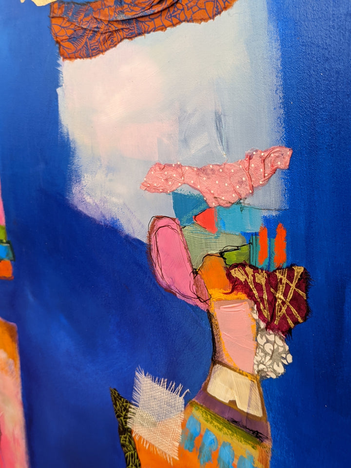 detail of Instant De Confession, artwork by Lau Blou. Acrylic and mixed media on canvas. 36 by 48 inches.