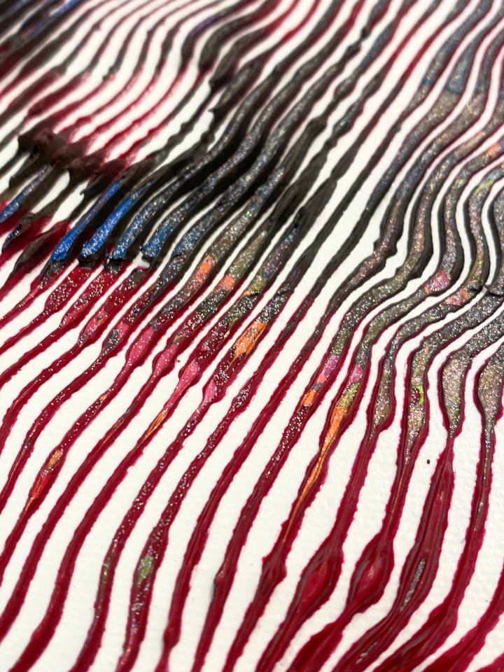 Detail of Virginie Schroeder "Jimi Hendrix, The Icon of The Pop Rock and Star Forever", 10" x 10" white and multicolor abstract portrait painting. Acrylic and oil on canvas.