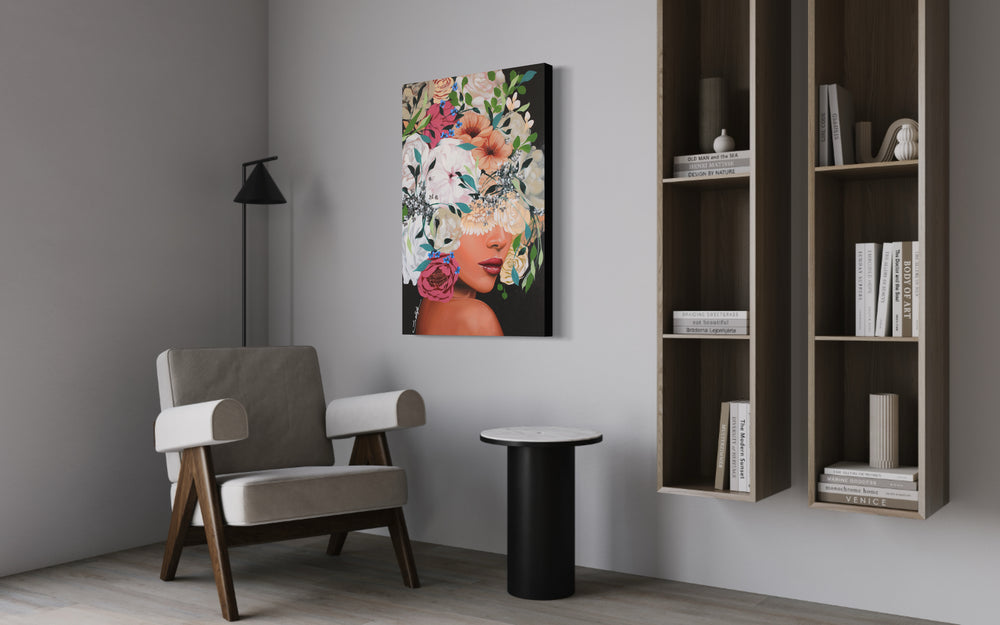 24"W x 36"H, acrylic portrait on canvas. Woman in profile with her eyes and hair covered by white and blush-toned flowers.