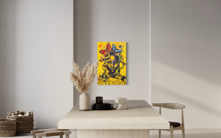 Lady Africa, artwork by Suave Gonzalez, displayed in a home. Acrylic on canvas. 36 by 24 inches.