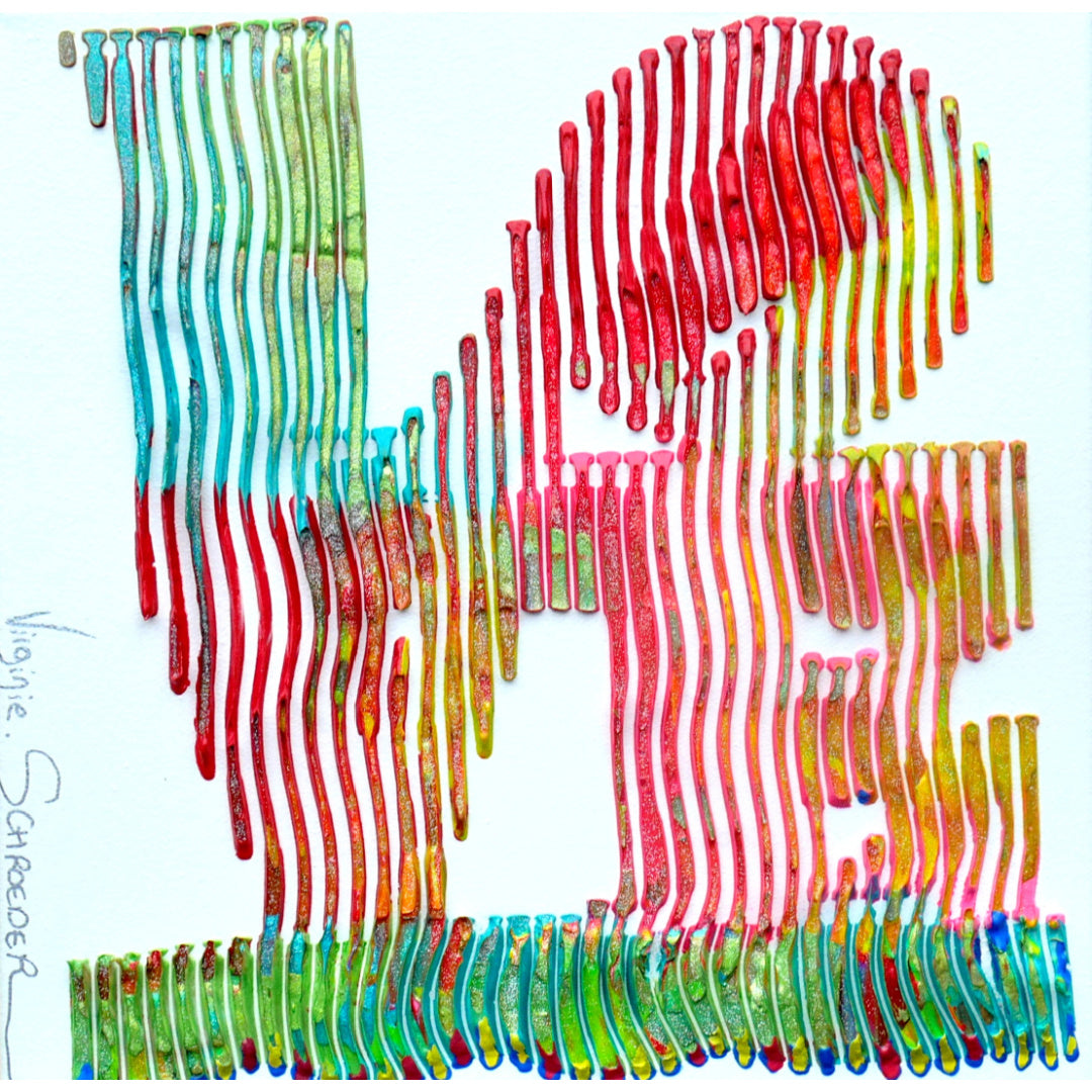 Virginie Schroeder "Love Philadelphia", 10" x 10" white and multicolor abstract painting. Acrylic and oil on canvas.