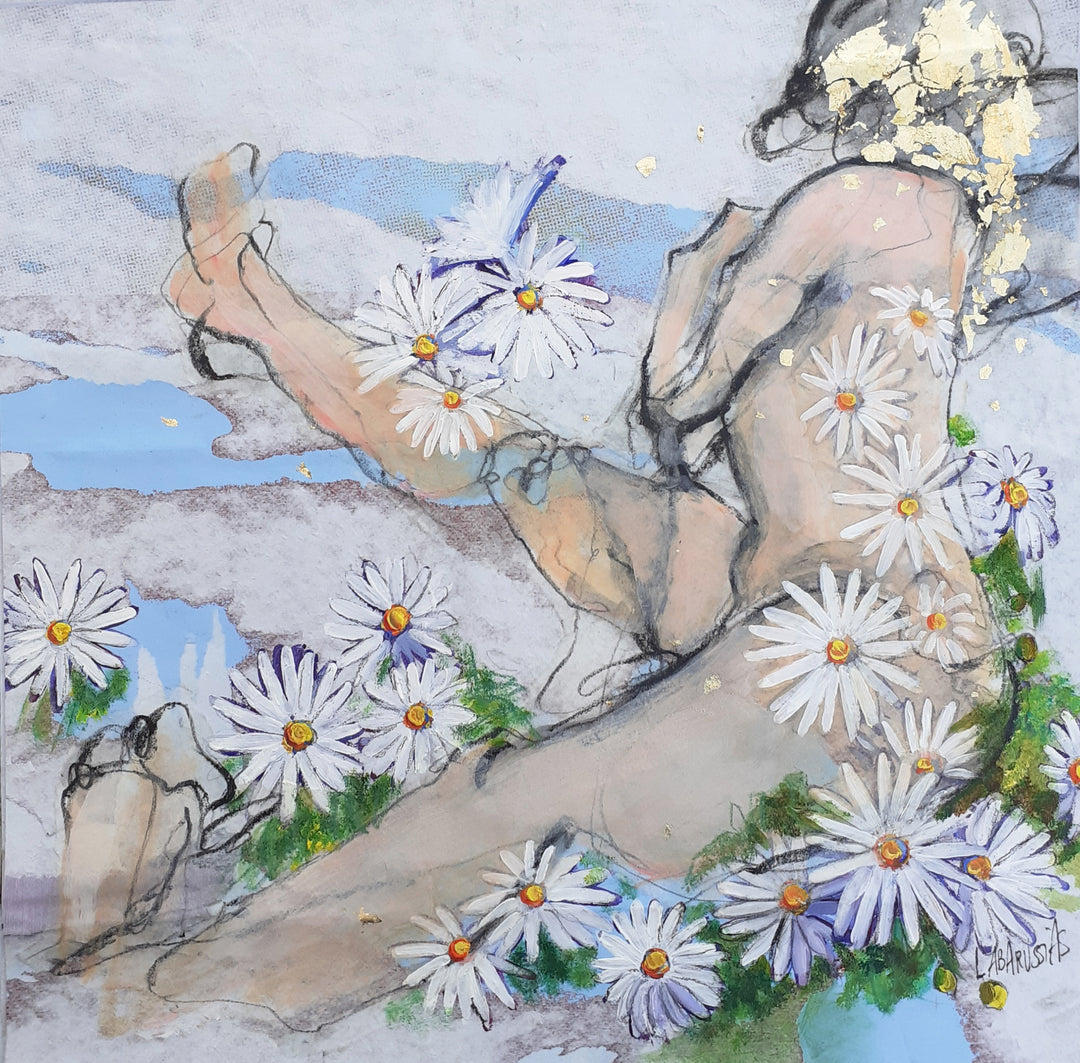 Corinne Labarussias "Marguerite 57". Charcoal, pigments, paint &amp; gold leaf on 14x14" advertising paper. Portrait of nude female with flowers and blue background.