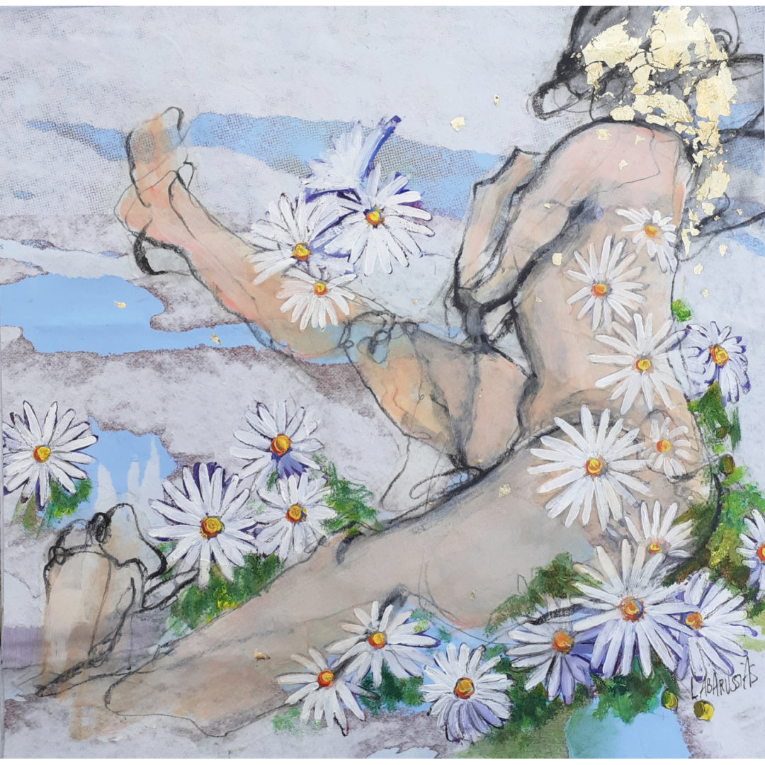 Corinne Labarussias "Marguerite 57". Charcoal, pigments, paint &amp; gold leaf on 14x14" advertising paper. Portrait of nude female with flowers and blue background.
