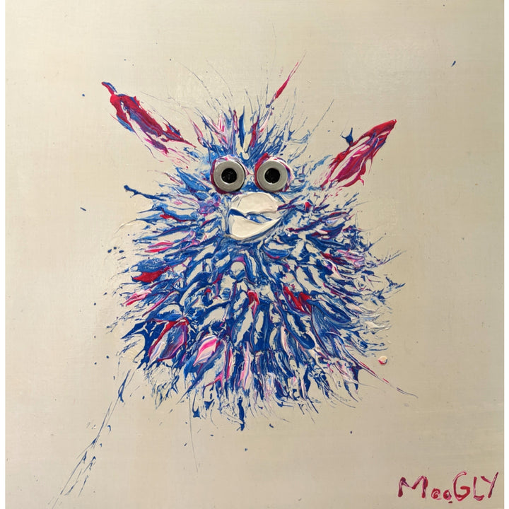 Moonfished, artwork by Moogly. Acrylic and collage on cardboard. 14 by 14 inches.
