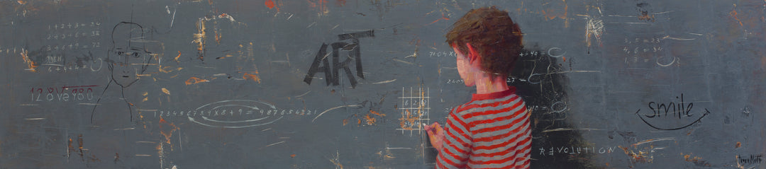 Numbers Game, artwork by Tomasa Martín. Oil and acrylic on wood. 8 by 35.5 by 1 inch.
