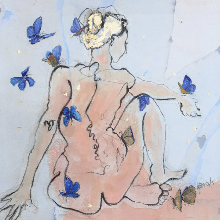 Corinne Labarussias "Papillons bleus 53". Charcoal, pigments &amp; gold leaf on 14x14" advertising paper. Portrait of nude female with butterflies and blue background.