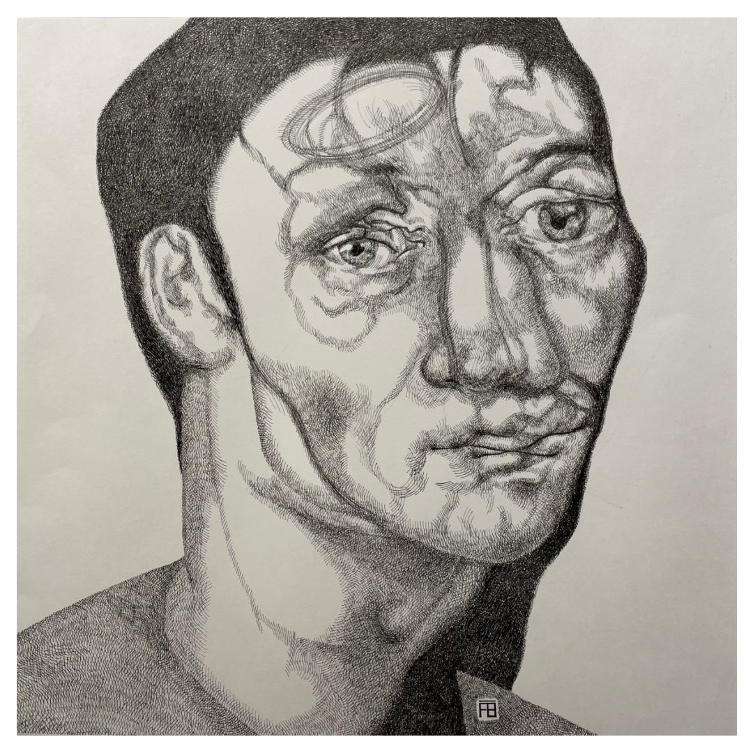 Pensif, artwork by Florent Blache. Ink &amp; acrylic on paper. 14 by 14 inches.