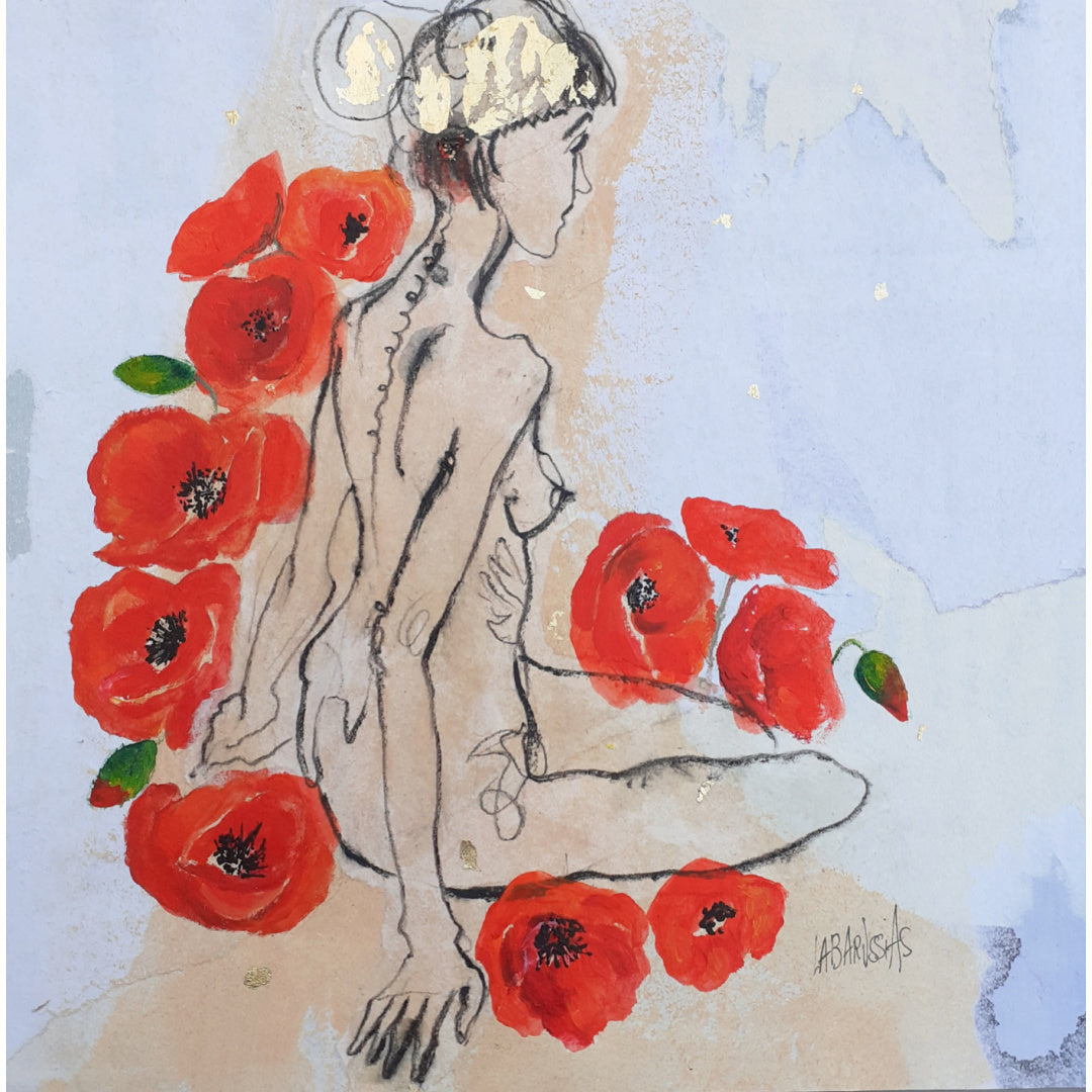 Corinne Labarussias "Poppies 51". Charcoal, pigments, paint &amp; gold leaf on 14x14" advertising paper. Portrait of nude female with flowers and blue background. 