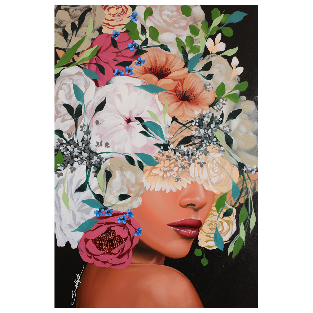 24"W x 36"H, acrylic portrait on canvas. Woman in profile with her eyes and hair covered by white and blush-toned flowers.