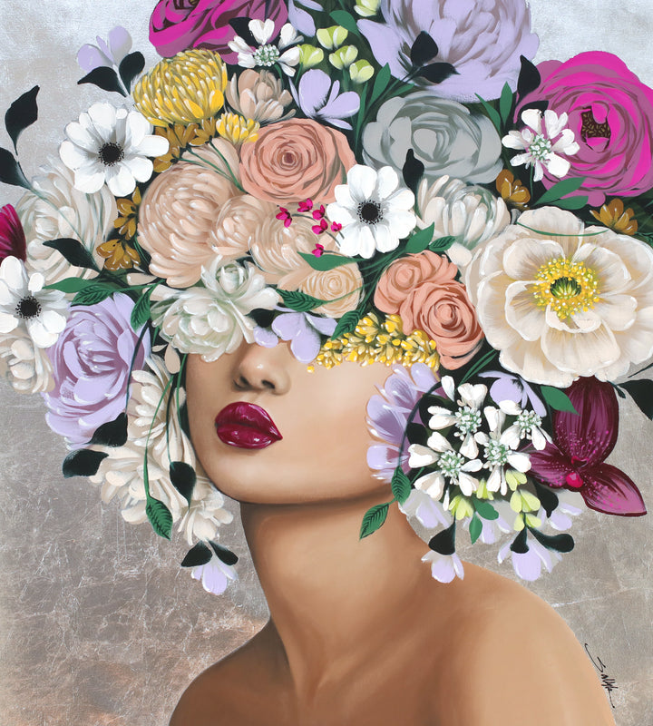 Sally K "Bai", Acrylic and silver leaf on 42x37" canvas. Portrait of female with multicolor flower adornment.