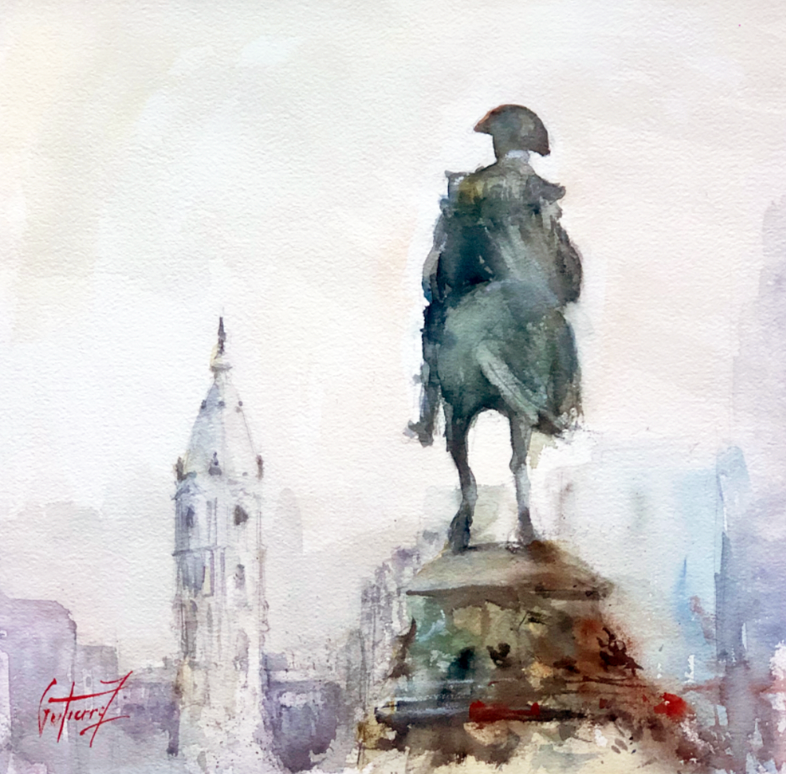 The Statue, artwork by Pierre Gutierrez. Watercolor on paper. 14 by 14 inches.