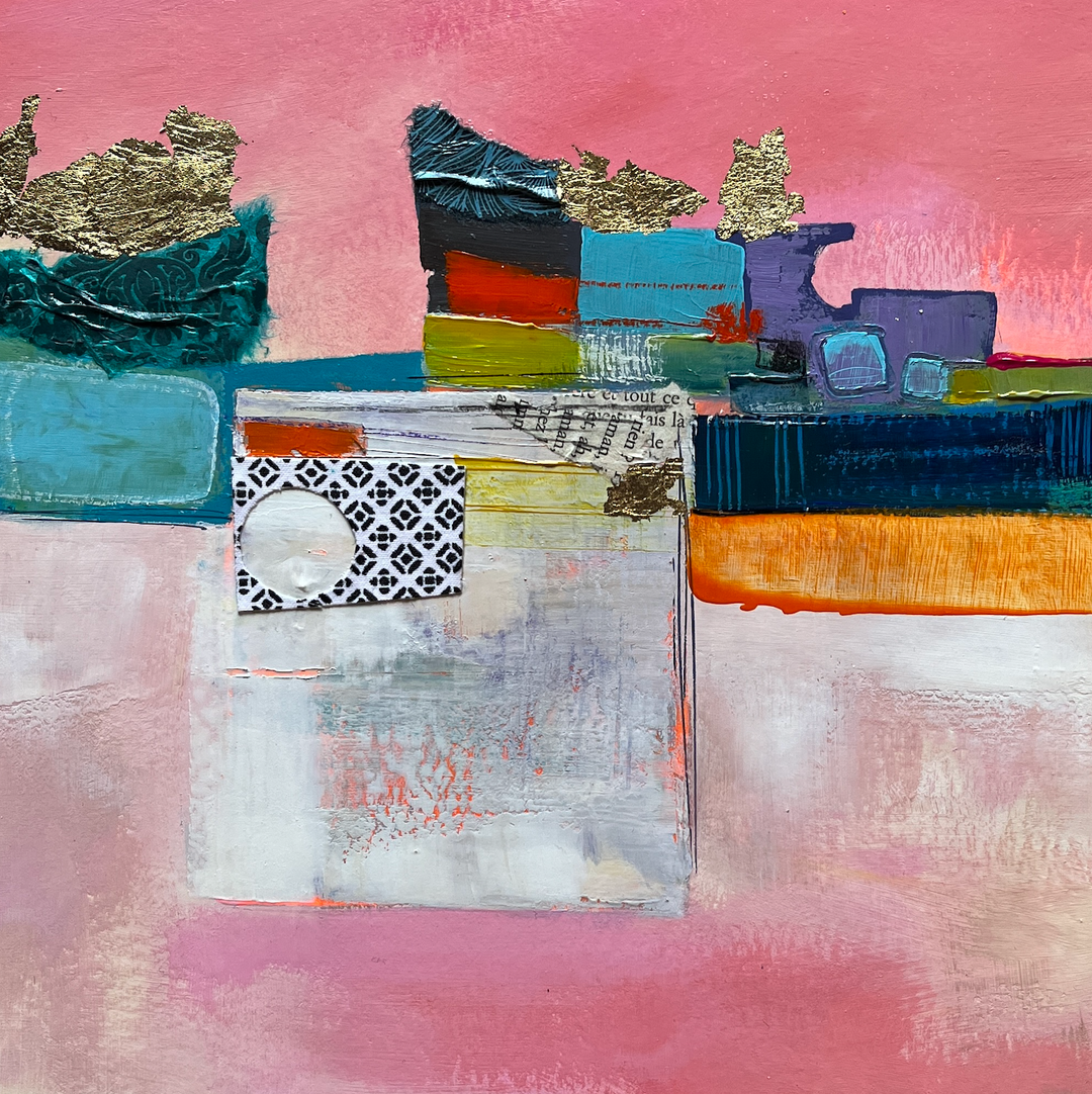 detail of Matin Tout Doux, artwork by Lau Blou. Acrylic paint, fabric, and gold leaf on cardboard. 14 by 14 inches.
