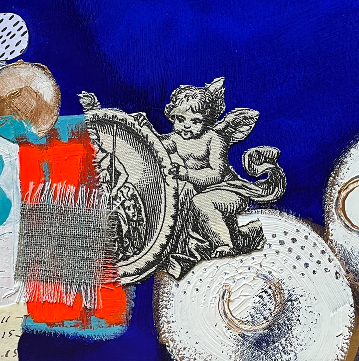 detail of Le Gardieu Du Temps, artwork by Lau Blou. Acrylic paint, fabric, and gold leaf on cardboard. 14 by 14 inches.