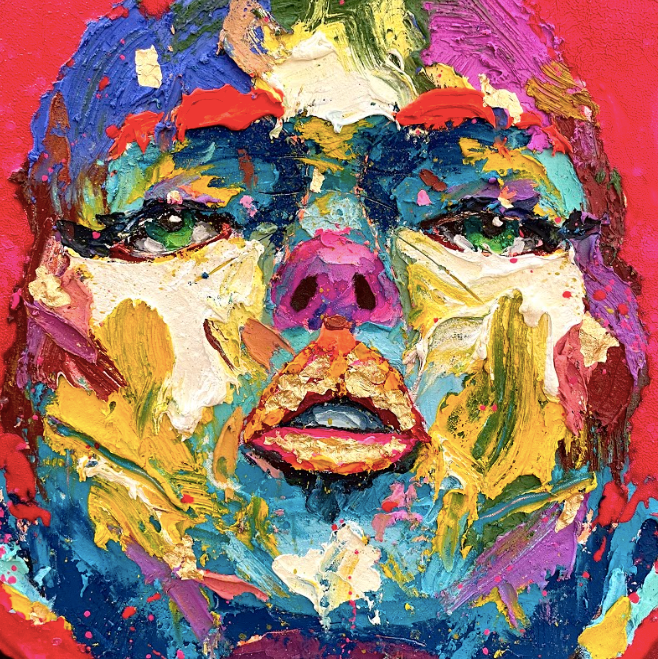 Front facing portrait of woman looking upwards slightly in thick gestural abstract brush stroked in multi color and gold foil with red splattered hair on black background