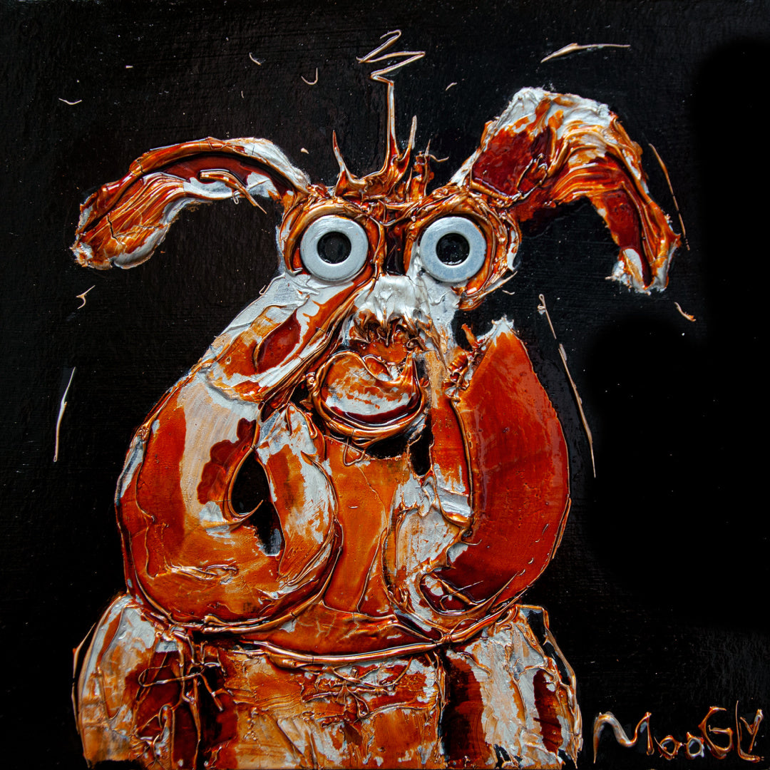 Moogly "Swollened", 10" x 10" black and orange abstract animal painting. Acrylic and collage on board.
