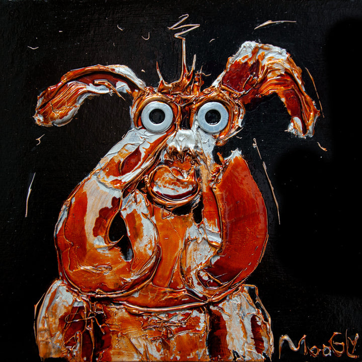 Moogly "Swollened", 10" x 10" black and orange abstract animal painting. Acrylic and collage on board.